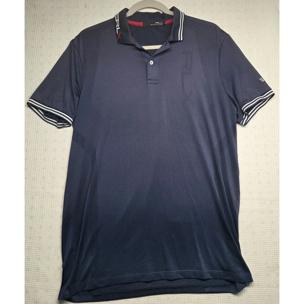 RLX Ralph Lauren Polo Shirt Mens Medium Navy Performance Golf Wolf Creek Stretch